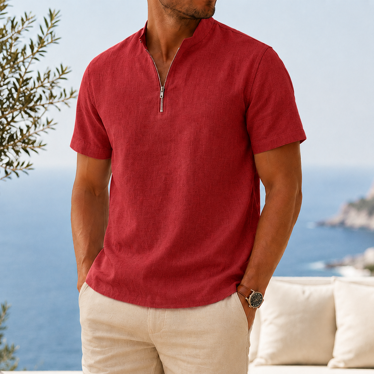 Mivanity Men’s Textured Linen-Blend Quarter-Zip Shirt