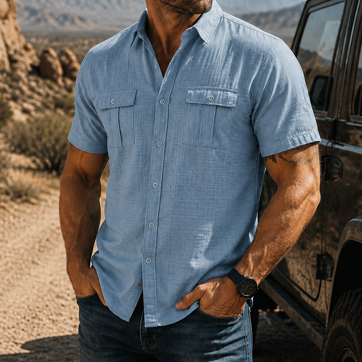 Mivanity Men's Textured Short Sleeve Button Up Shirt Casual Outdoor Workwear Top