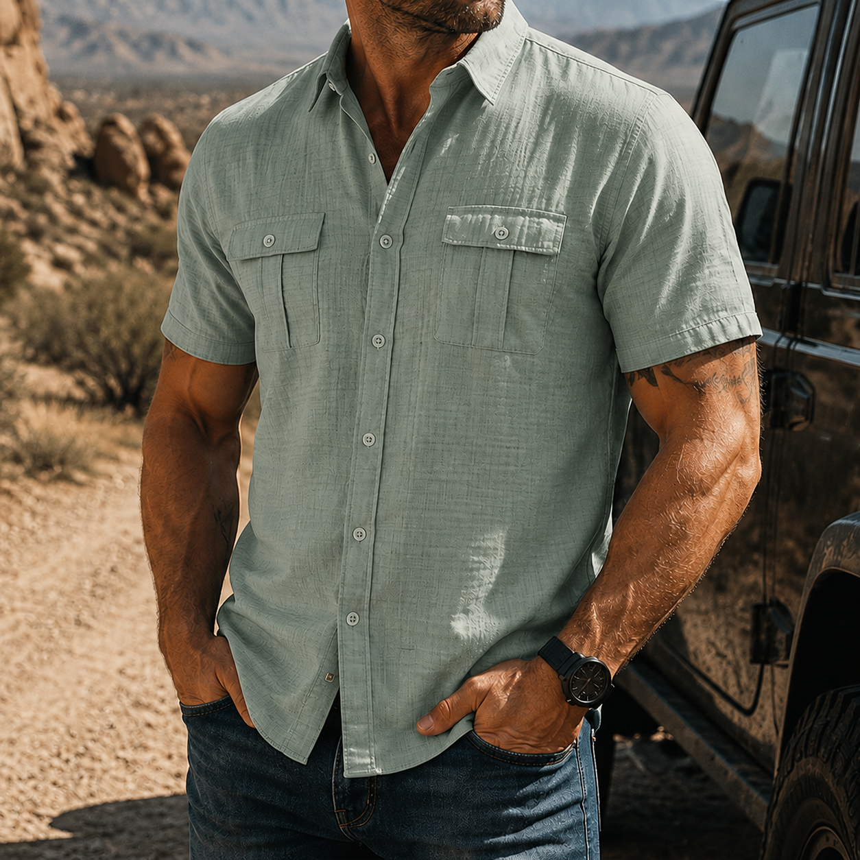 Mivanity Men's Textured Short Sleeve Button Up Shirt Casual Outdoor Workwear Top
