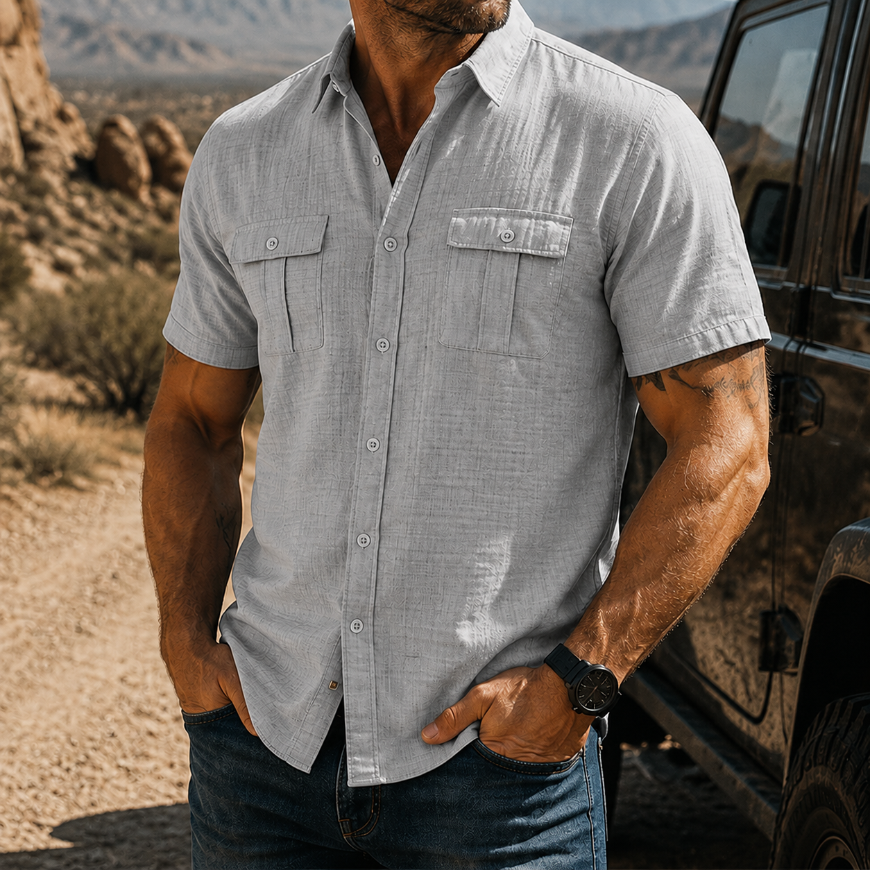 Mivanity Men's Textured Short Sleeve Button Up Shirt Casual Outdoor Workwear Top