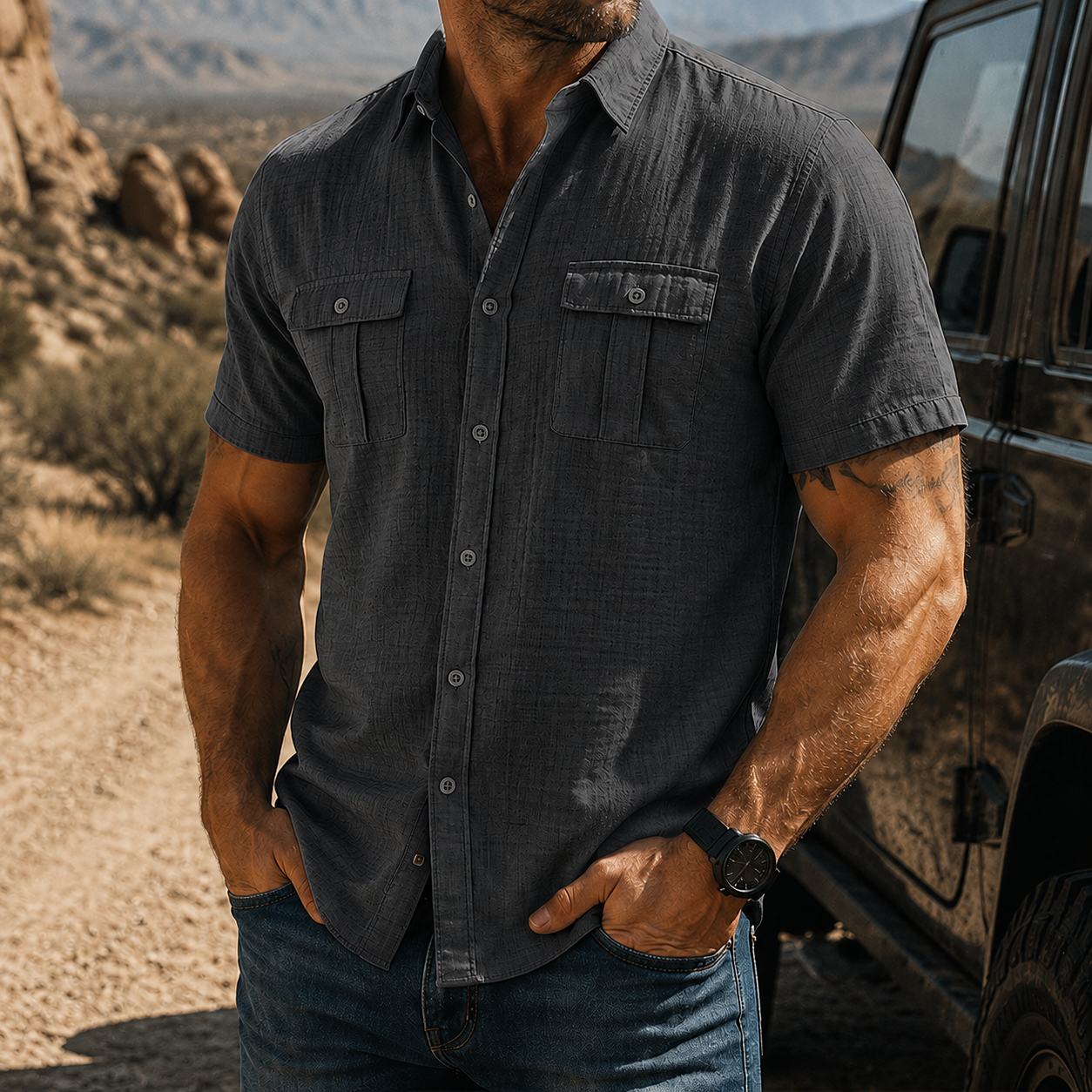 Mivanity Men's Textured Short Sleeve Button Up Shirt Casual Outdoor Workwear Top