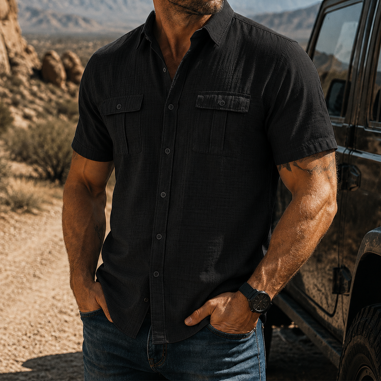 Mivanity Men's Textured Short Sleeve Button Up Shirt Casual Outdoor Workwear Top