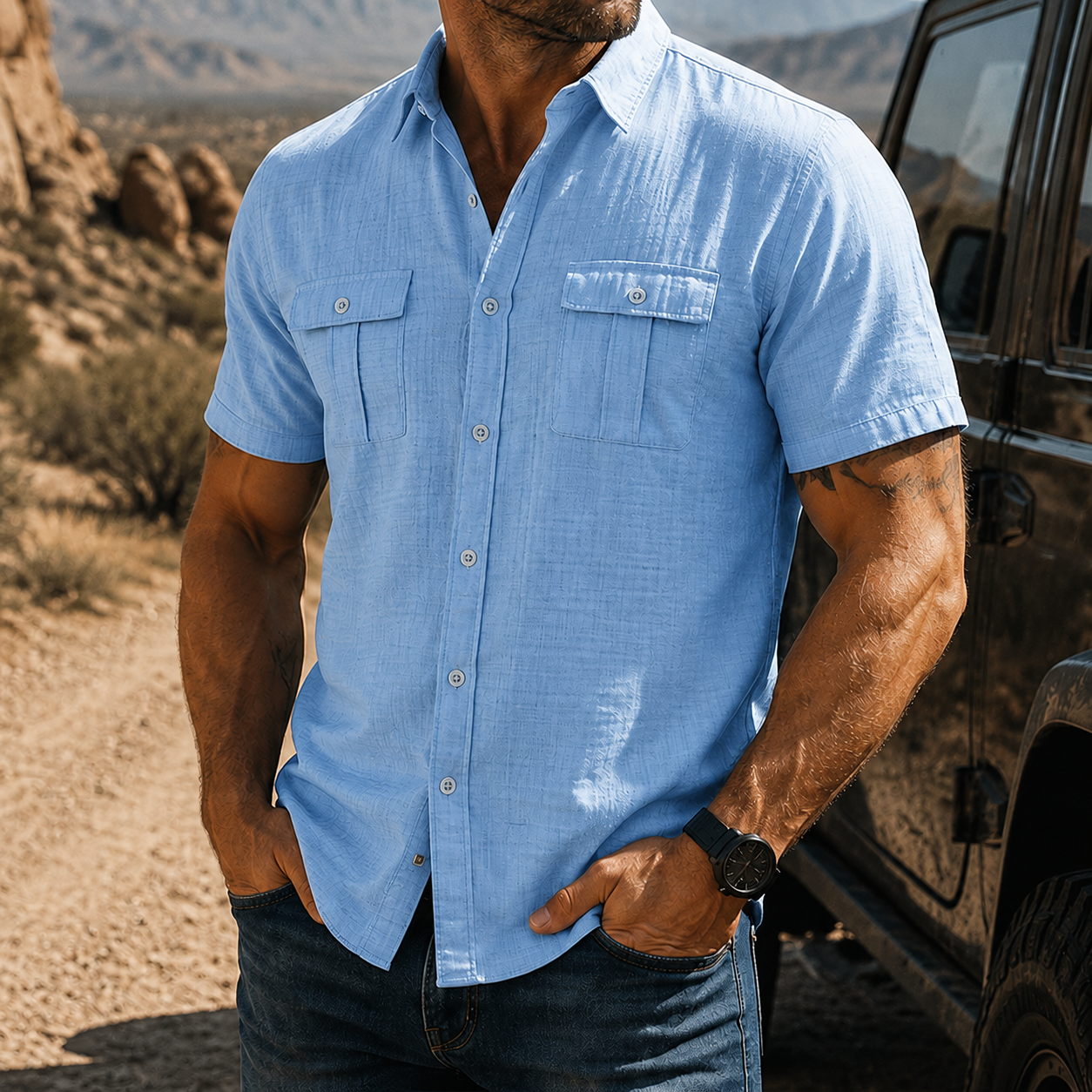 Mivanity Men's Textured Short Sleeve Button Up Shirt Casual Outdoor Workwear Top