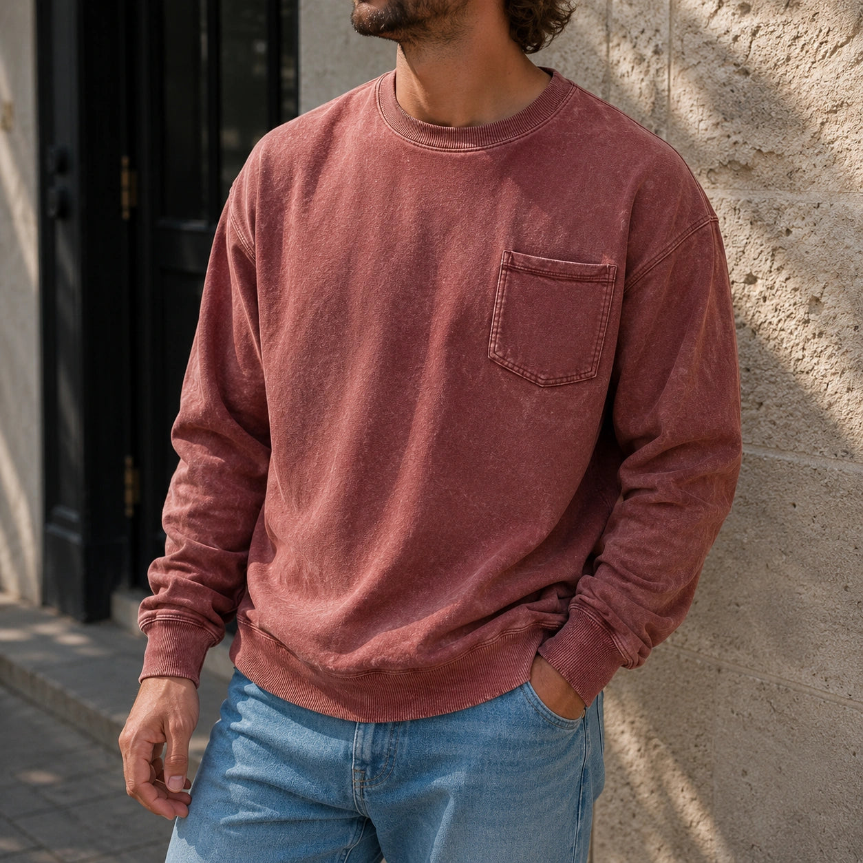Men's Vintage Distressed Stand-up Collar Zipper Casual Long-sleeved T-shirt