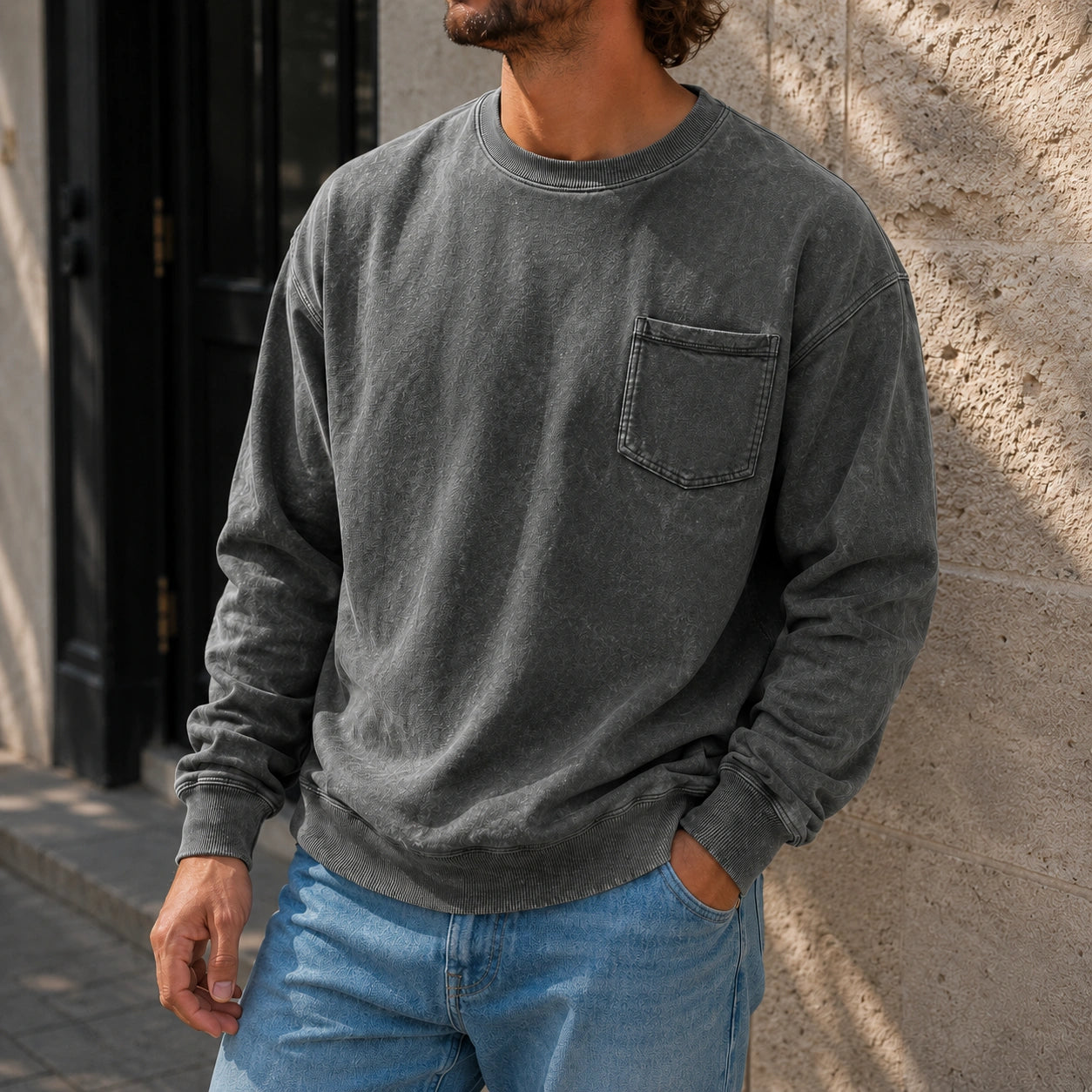Men's Vintage Distressed Stand-up Collar Zipper Casual Long-sleeved T-shirt