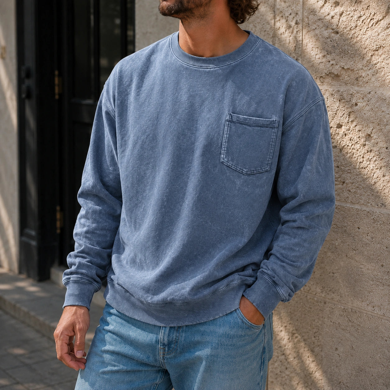 Men's Vintage Distressed Stand-up Collar Zipper Casual Long-sleeved T-shirt