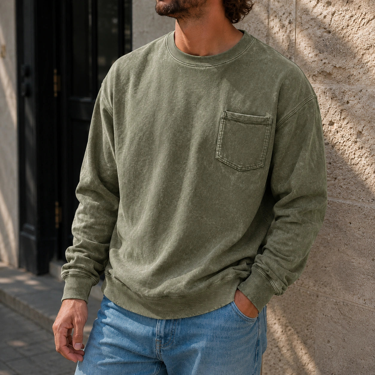Men's Vintage Distressed Stand-up Collar Zipper Casual Long-sleeved T-shirt