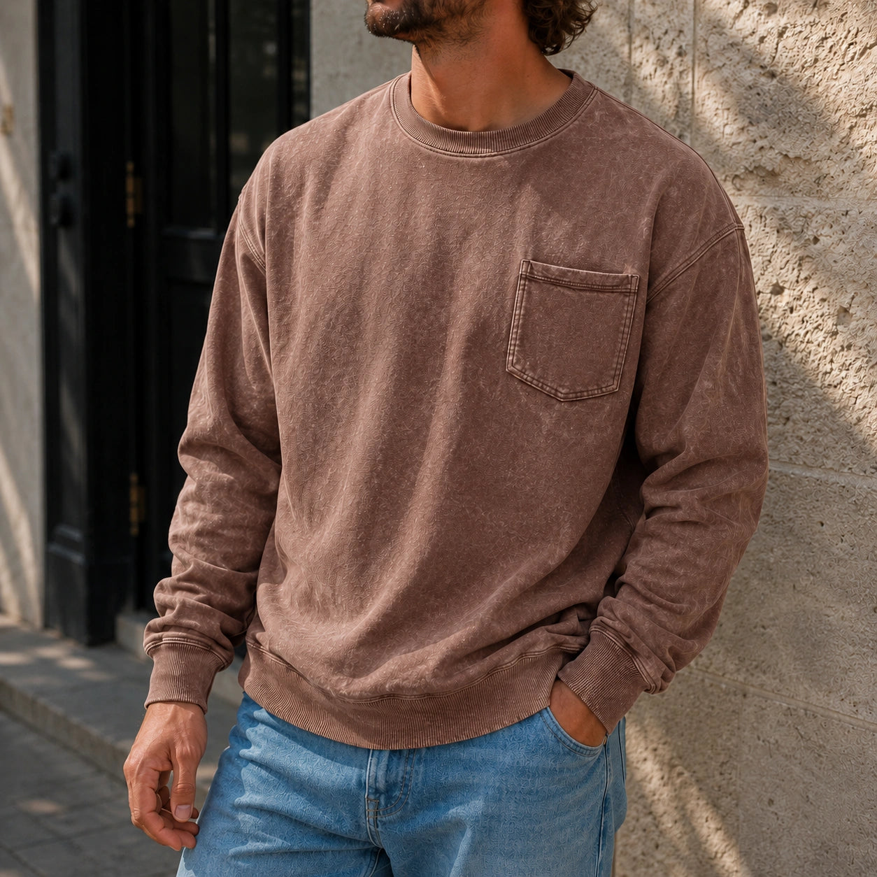 Men's Vintage Distressed Stand-up Collar Zipper Casual Long-sleeved T-shirt