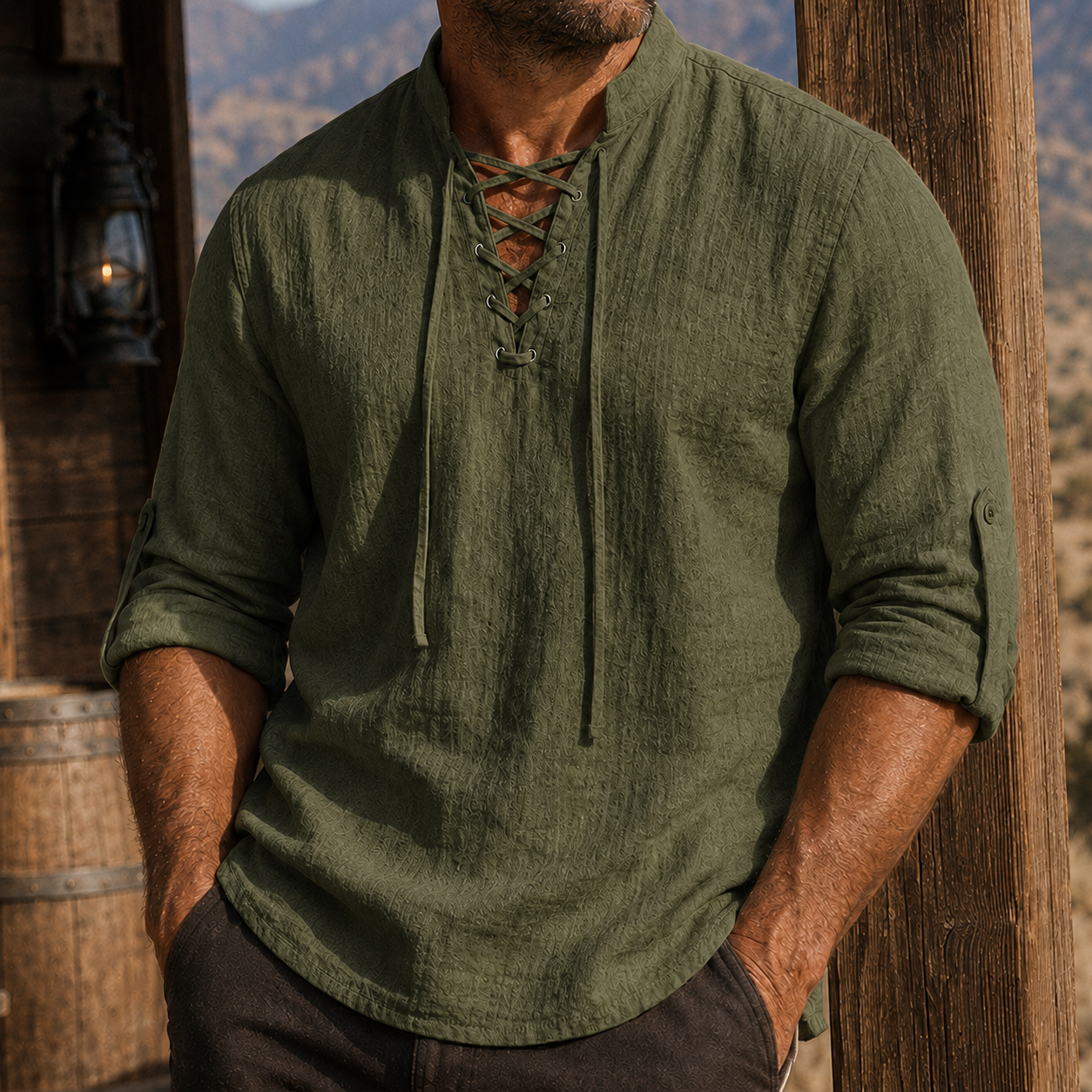 Mivanity Men's Vintage Lace-Up Linen Shirt Rugged Casual Long Sleeve Top