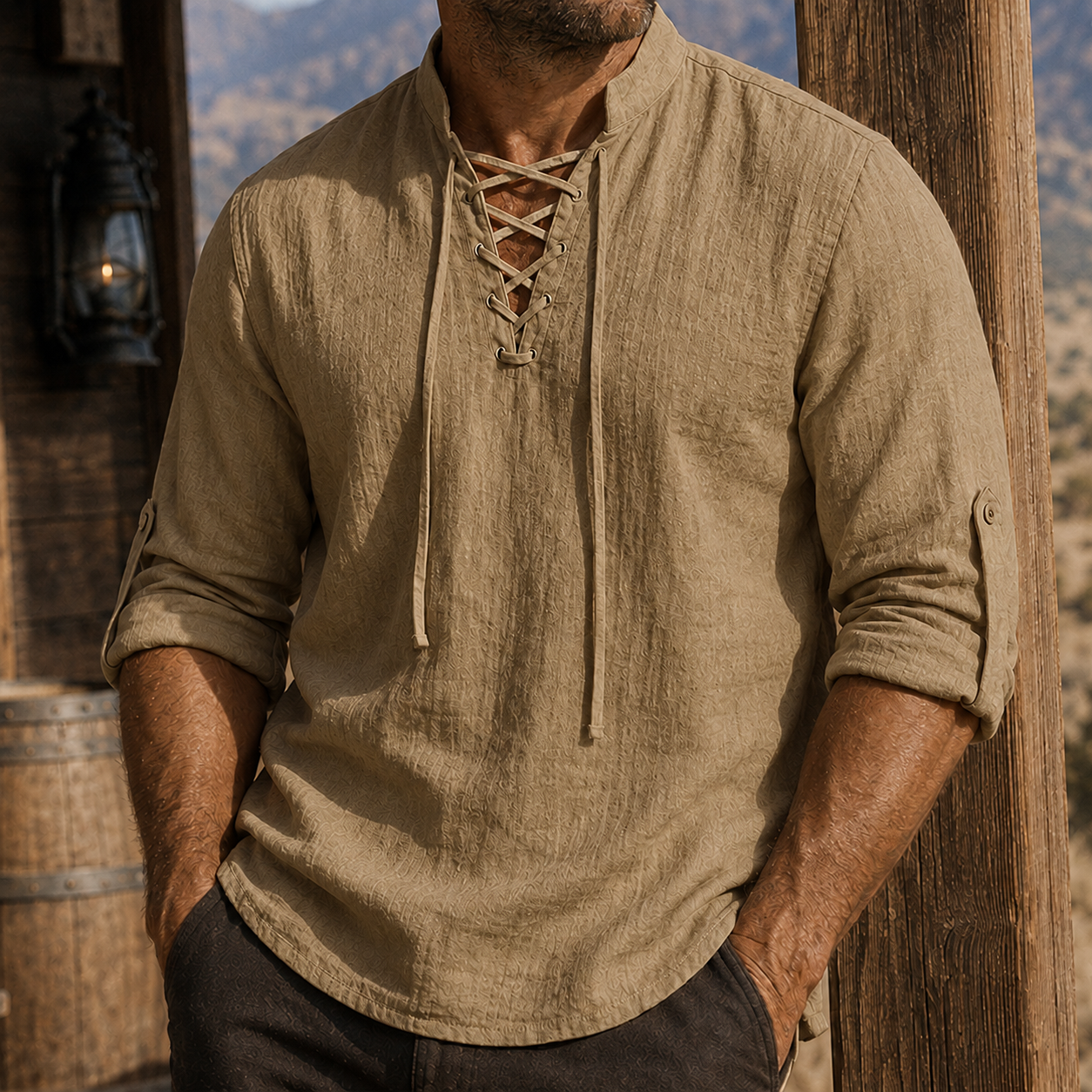 Mivanity Men's Vintage Lace-Up Linen Shirt Rugged Casual Long Sleeve Top