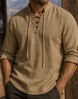 Mivanity Men's Vintage Lace-Up Linen Shirt Rugged Casual Long Sleeve Top