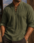 Mivanity Men's Vintage Lace-Up Linen Shirt Rugged Casual Long Sleeve Top
