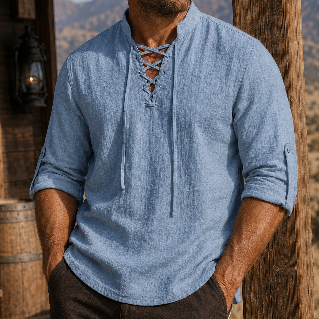 Mivanity Men's Vintage Lace-Up Linen Shirt Rugged Casual Long Sleeve Top