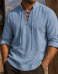 Mivanity Men's Vintage Lace-Up Linen Shirt Rugged Casual Long Sleeve Top