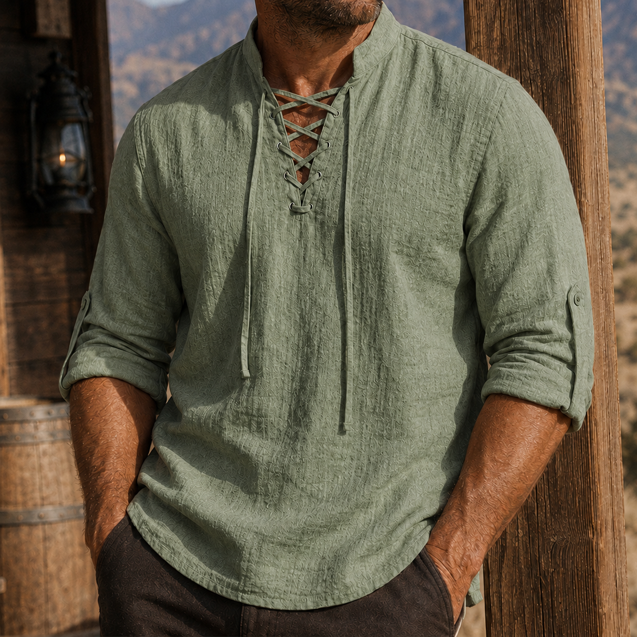 Mivanity Men's Vintage Lace-Up Linen Shirt Rugged Casual Long Sleeve Top