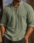 Mivanity Men's Vintage Lace-Up Linen Shirt Rugged Casual Long Sleeve Top