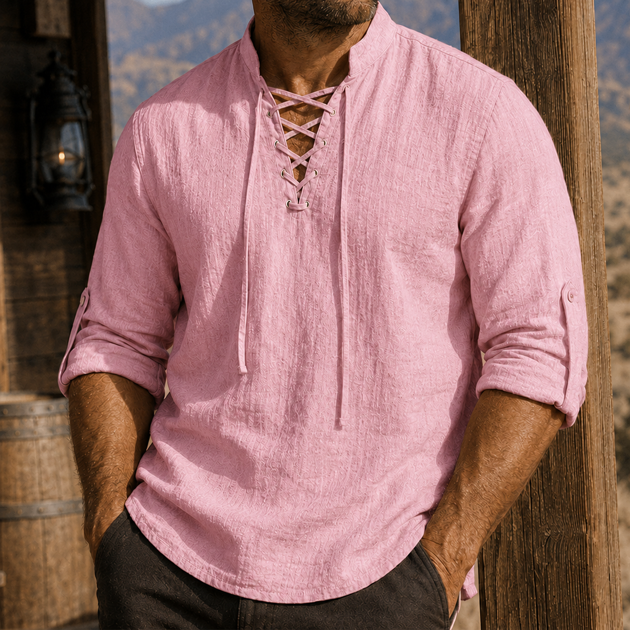 Mivanity Men's Vintage Lace-Up Linen Shirt Rugged Casual Long Sleeve Top