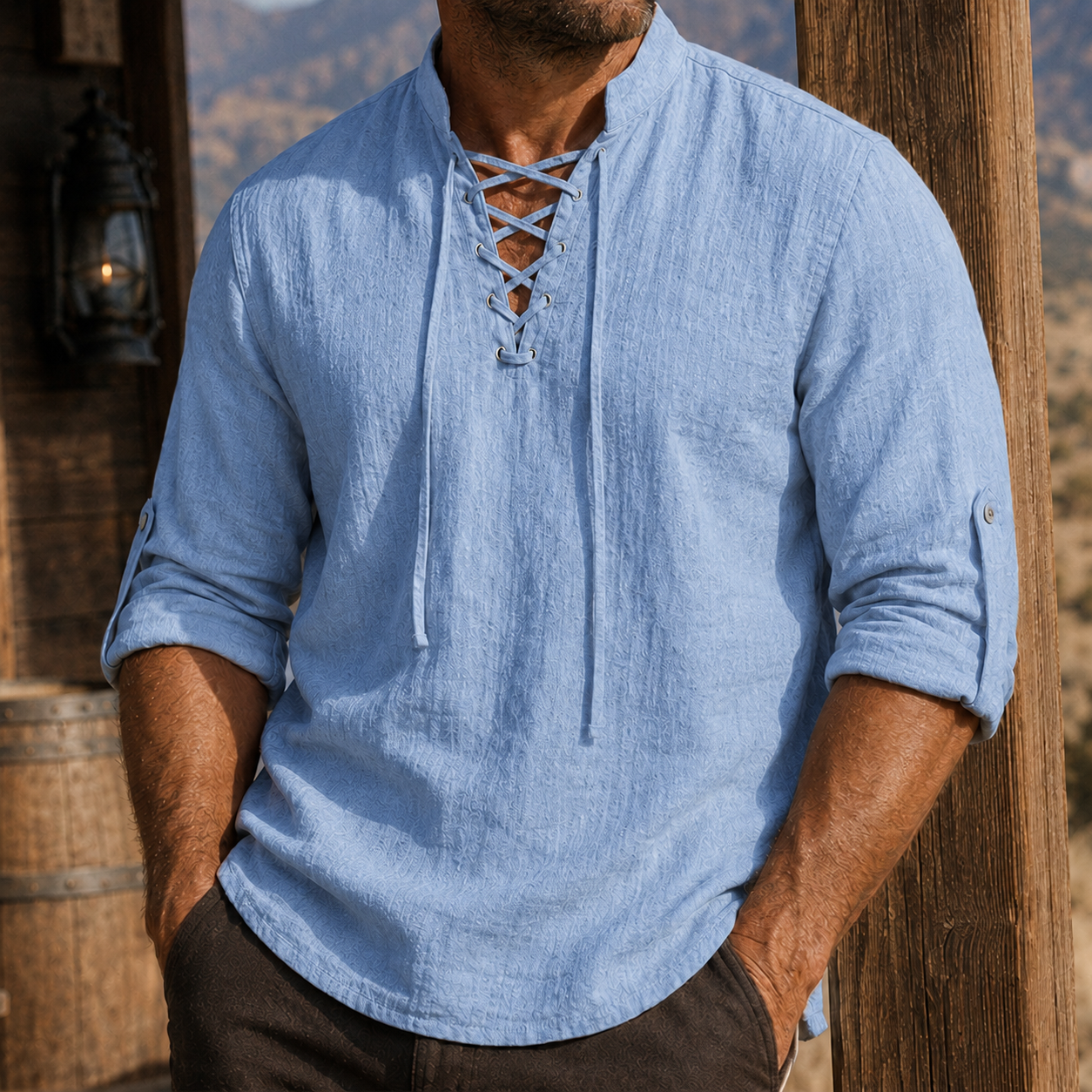 Mivanity Men's Vintage Lace-Up Linen Shirt Rugged Casual Long Sleeve Top