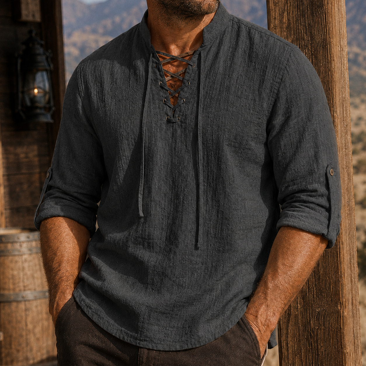 Mivanity Men's Vintage Lace-Up Linen Shirt Rugged Casual Long Sleeve Top