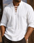 Mivanity Men's Vintage Lace-Up Linen Shirt Rugged Casual Long Sleeve Top