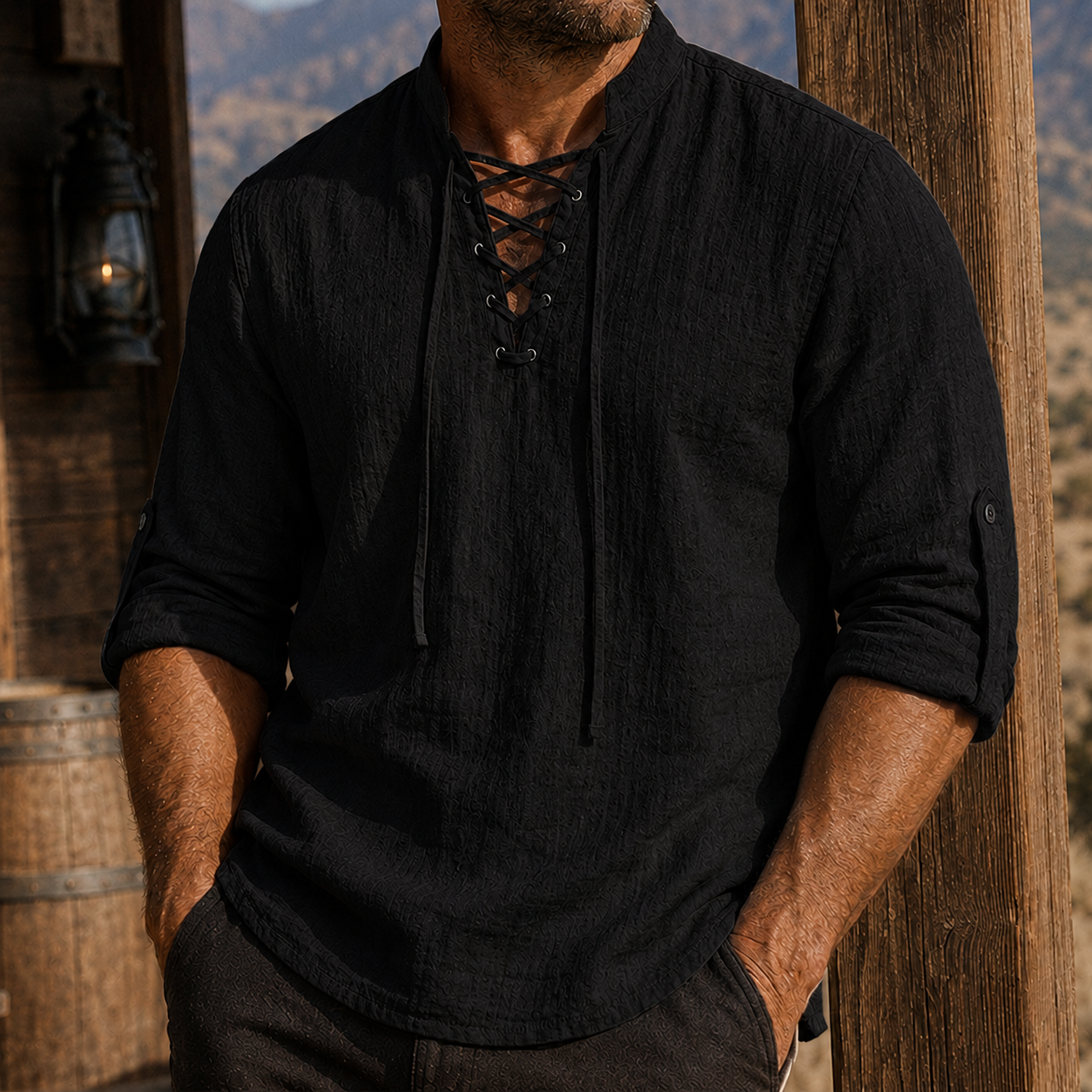 Mivanity Men's Vintage Lace-Up Linen Shirt Rugged Casual Long Sleeve Top