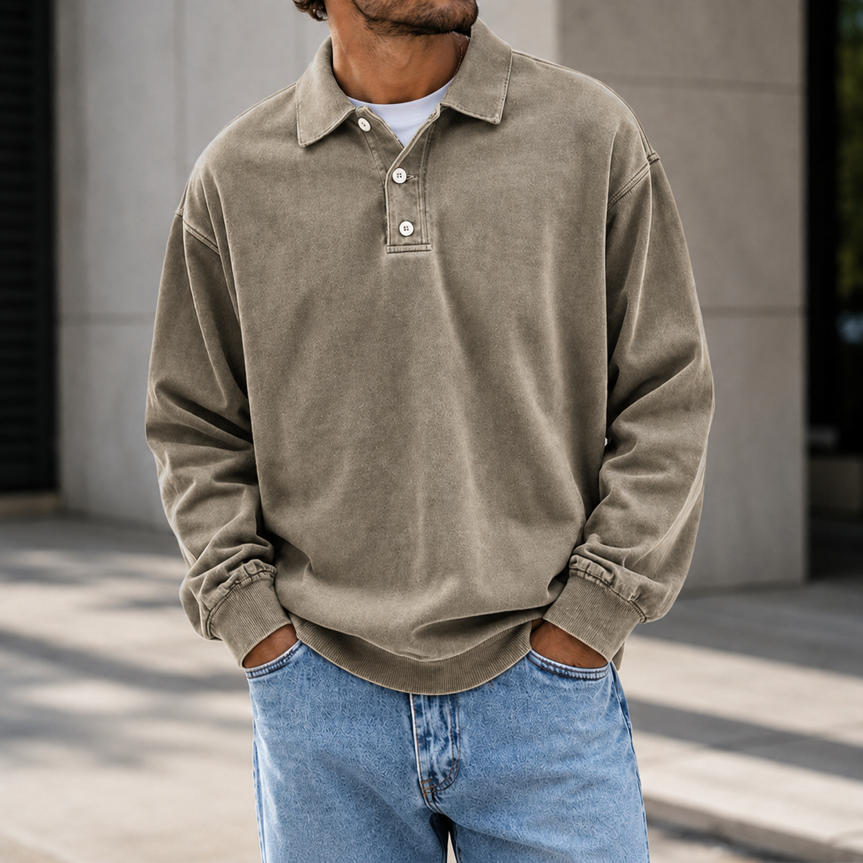 Mivanity Men's Vintage Washed Long Sleeve Polo Shirt  Relaxed Casual Pullover Top