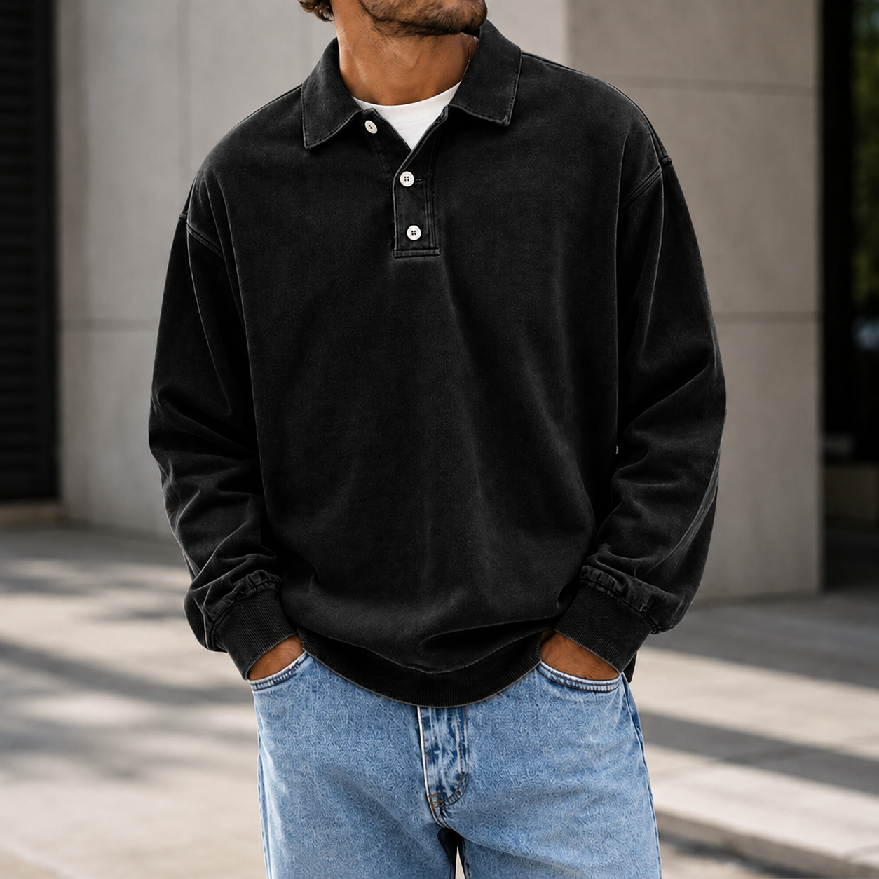 Mivanity Men's Vintage Washed Long Sleeve Polo Shirt  Relaxed Casual Pullover Top