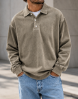 Mivanity Men's Vintage Washed Long Sleeve Polo Shirt  Relaxed Casual Pullover Top