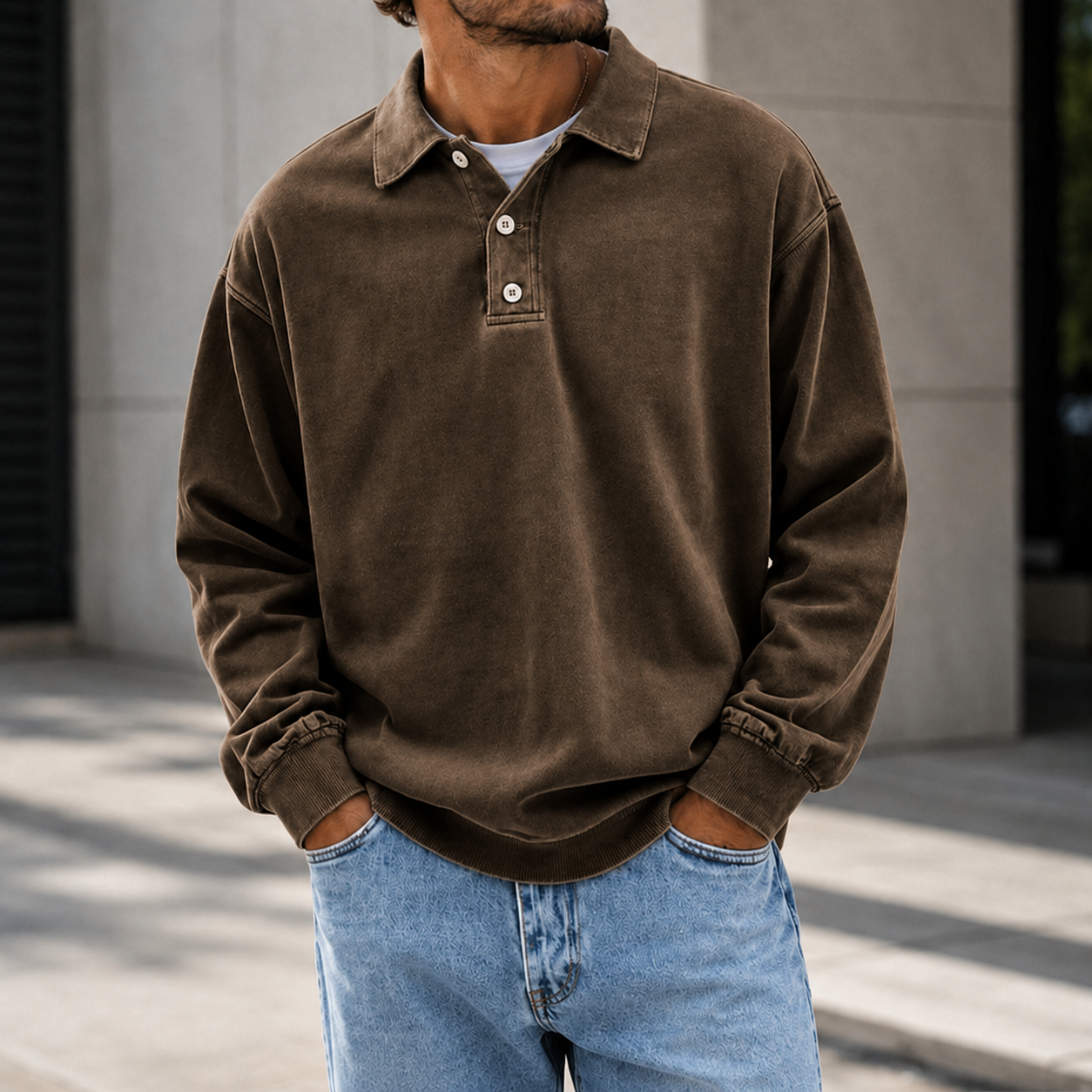 Mivanity Men's Vintage Washed Long Sleeve Polo Shirt  Relaxed Casual Pullover Top