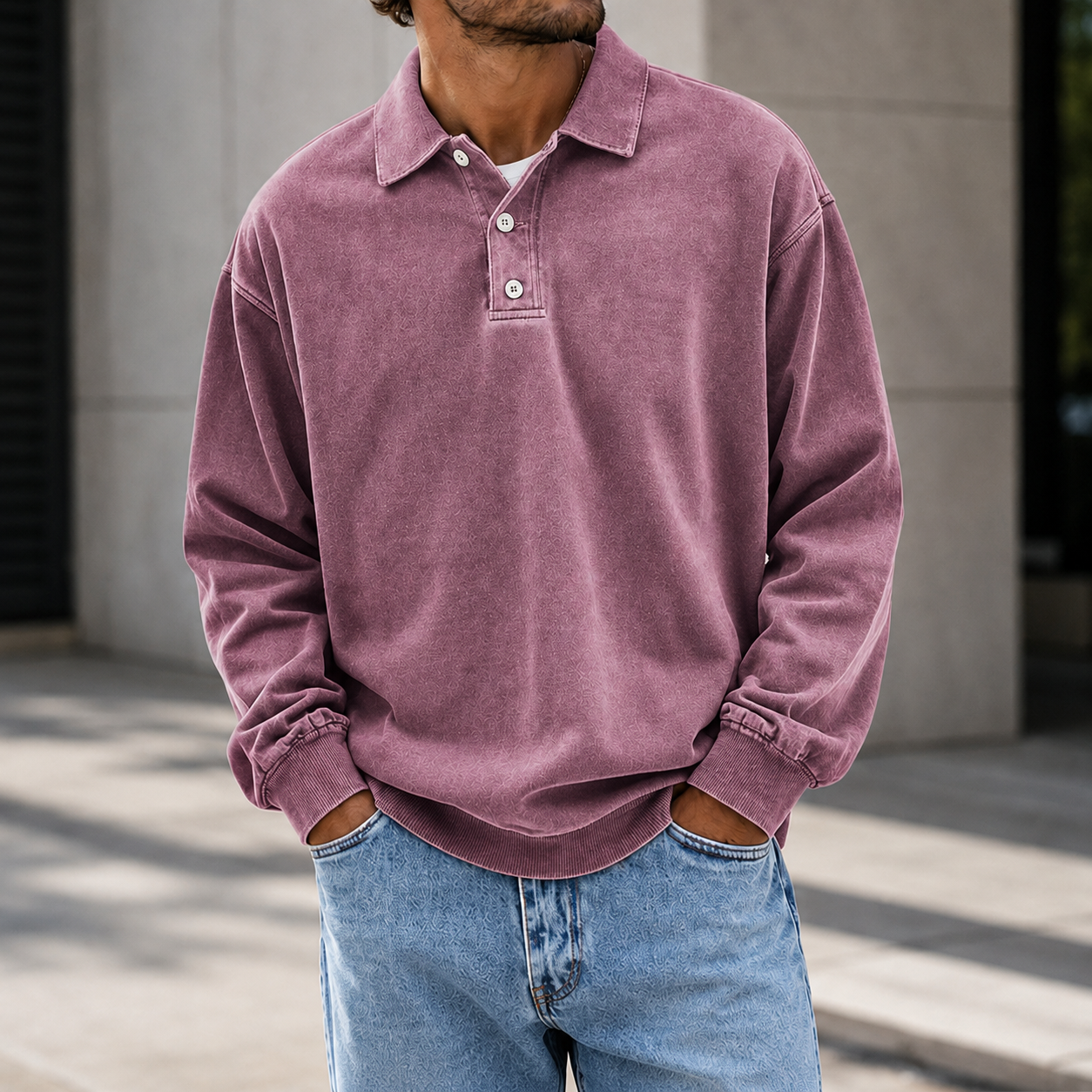 Mivanity Men's Vintage Washed Long Sleeve Polo Shirt  Relaxed Casual Pullover Top