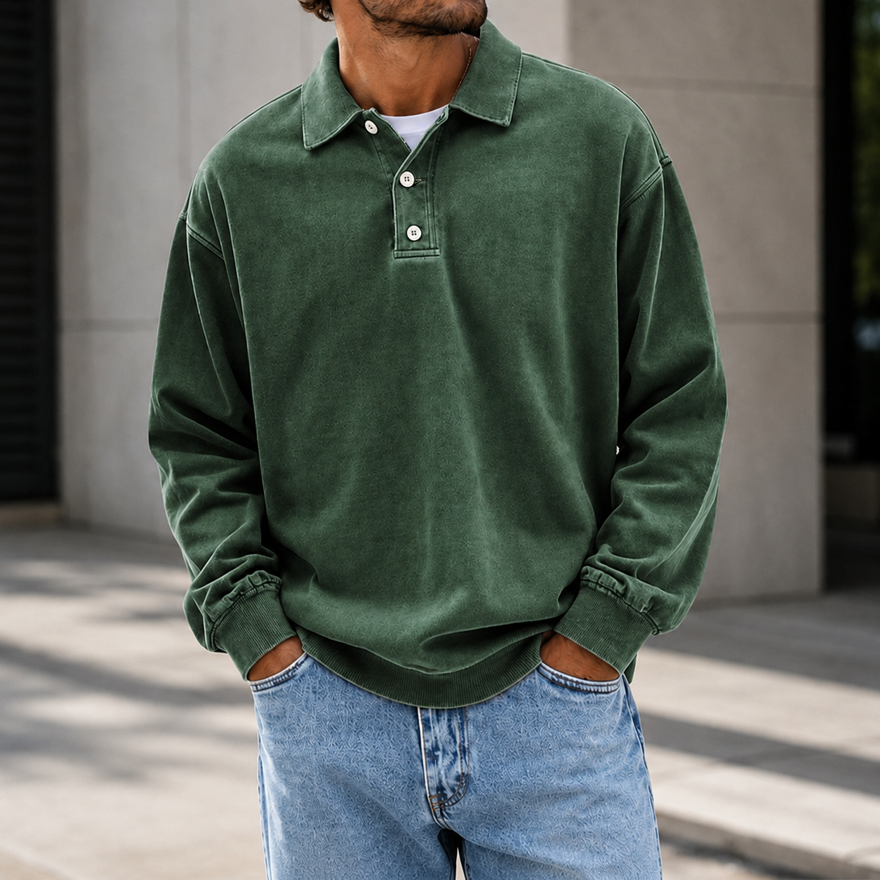 Mivanity Men's Vintage Washed Long Sleeve Polo Shirt  Relaxed Casual Pullover Top