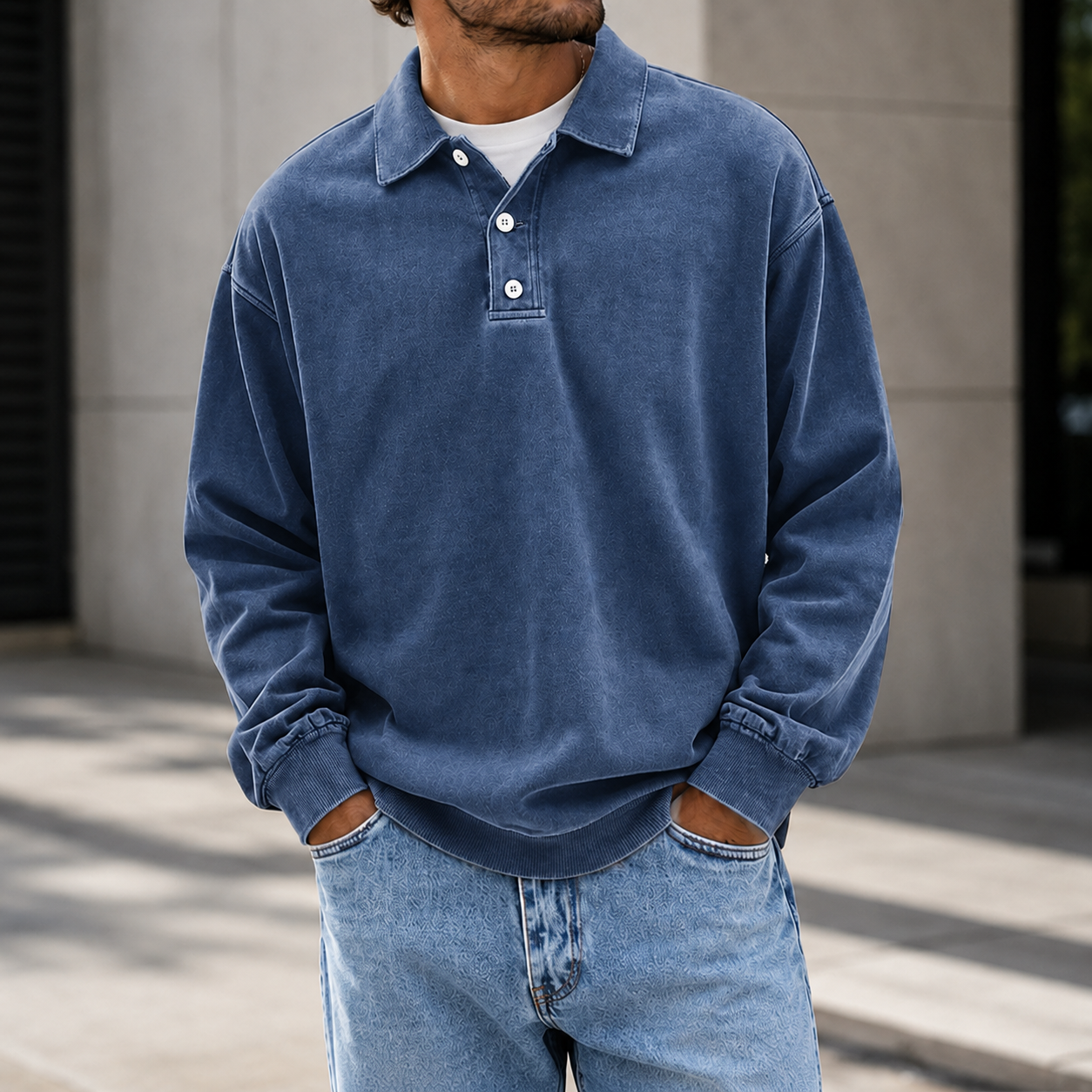 Mivanity Men's Vintage Washed Long Sleeve Polo Shirt  Relaxed Casual Pullover Top