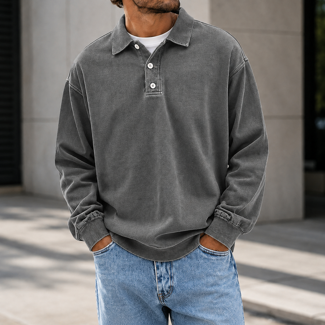 Mivanity Men's Vintage Washed Long Sleeve Polo Shirt  Relaxed Casual Pullover Top