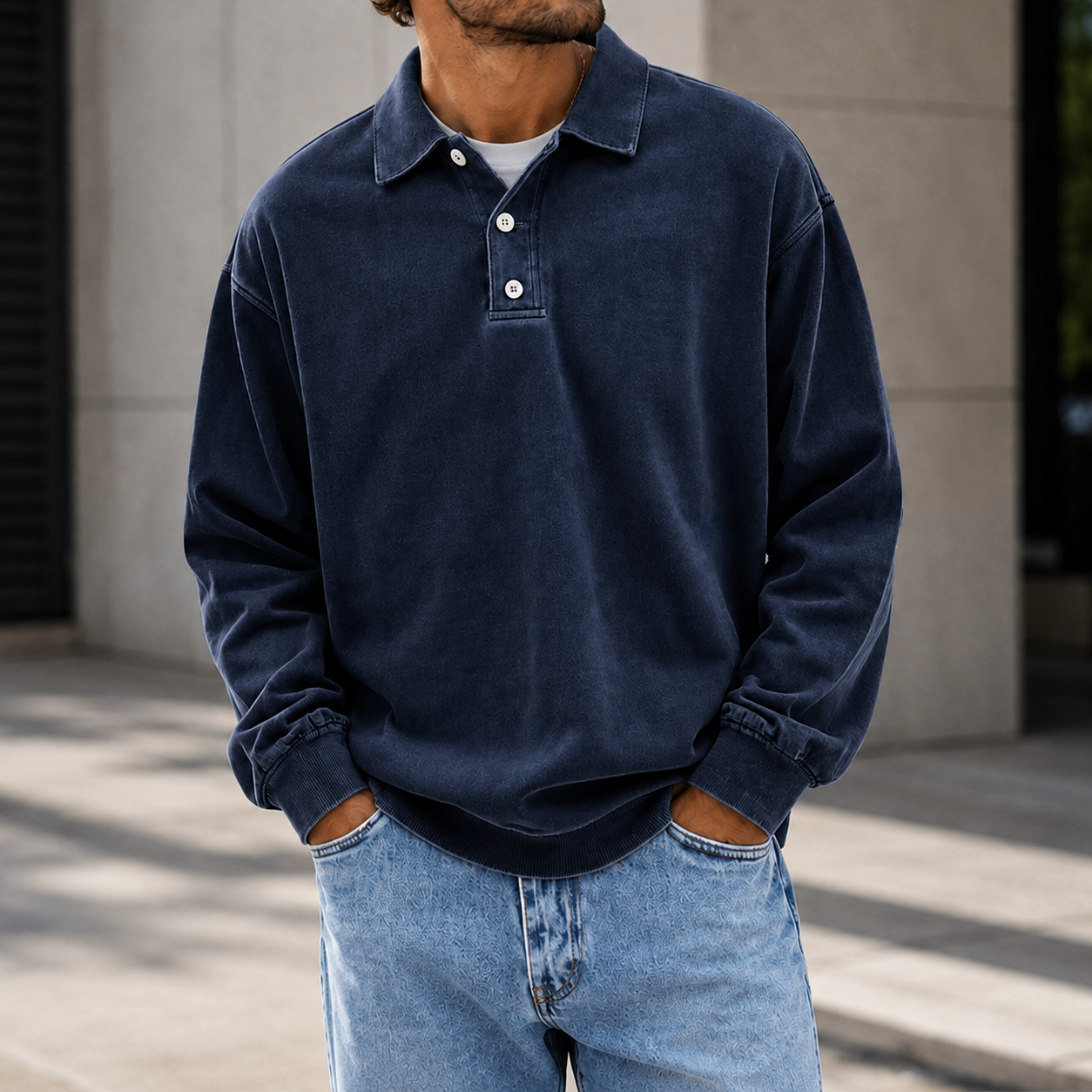 Mivanity Men's Vintage Washed Long Sleeve Polo Shirt  Relaxed Casual Pullover Top