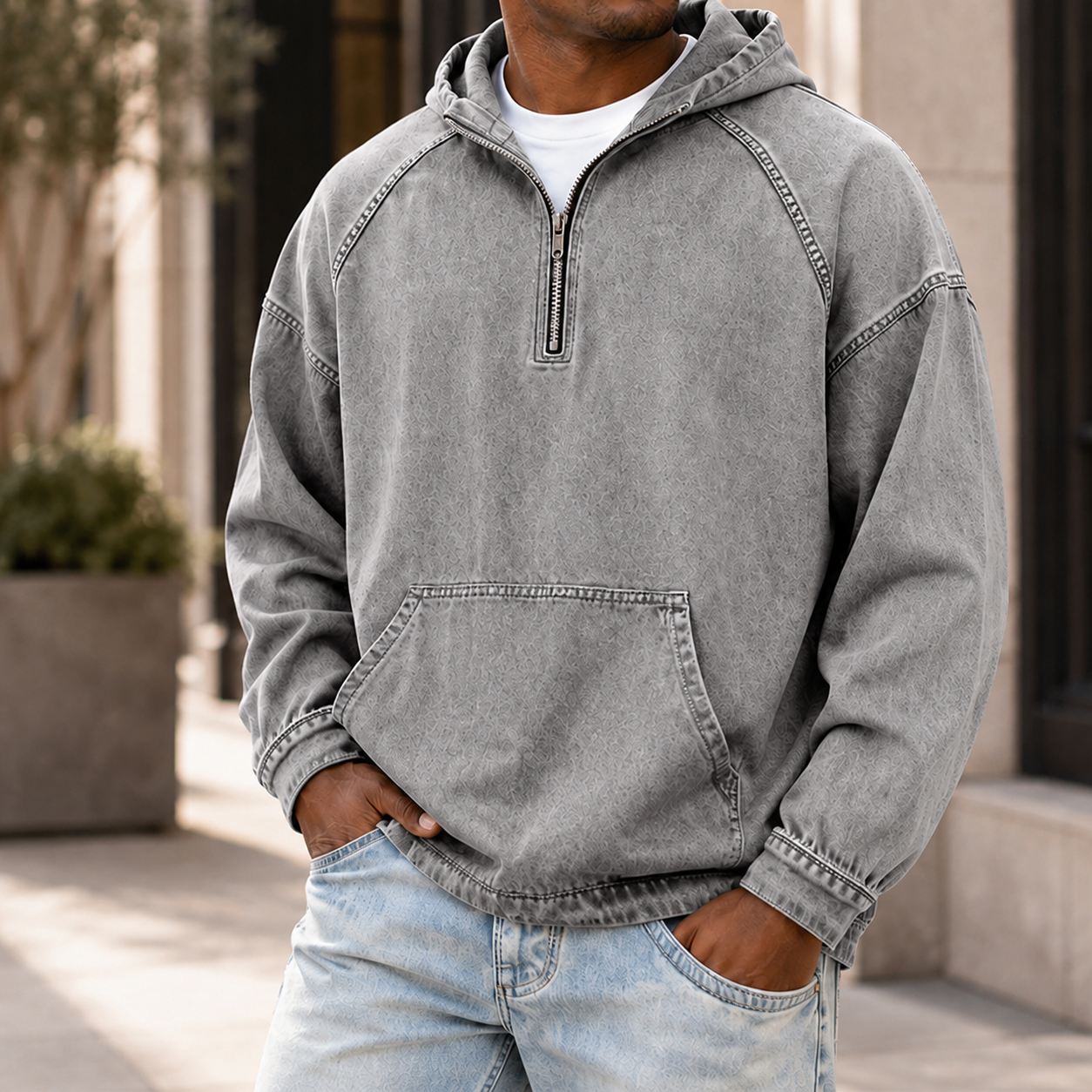 Mivanity Men's Vintage Washed Quarter Zip Hoodie  Casual Pullover Sweatshirt