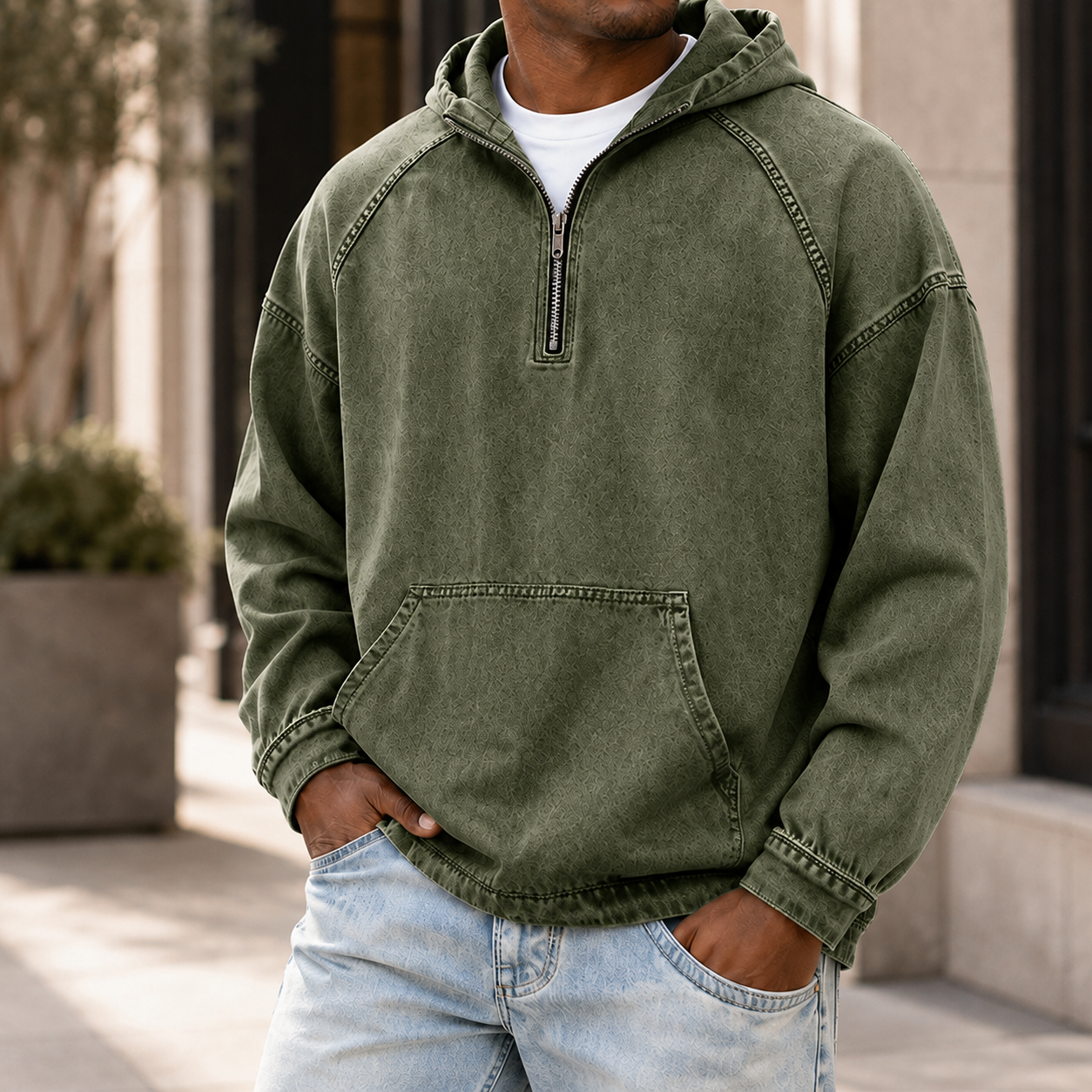 Mivanity Men's Vintage Washed Quarter Zip Hoodie  Casual Pullover Sweatshirt