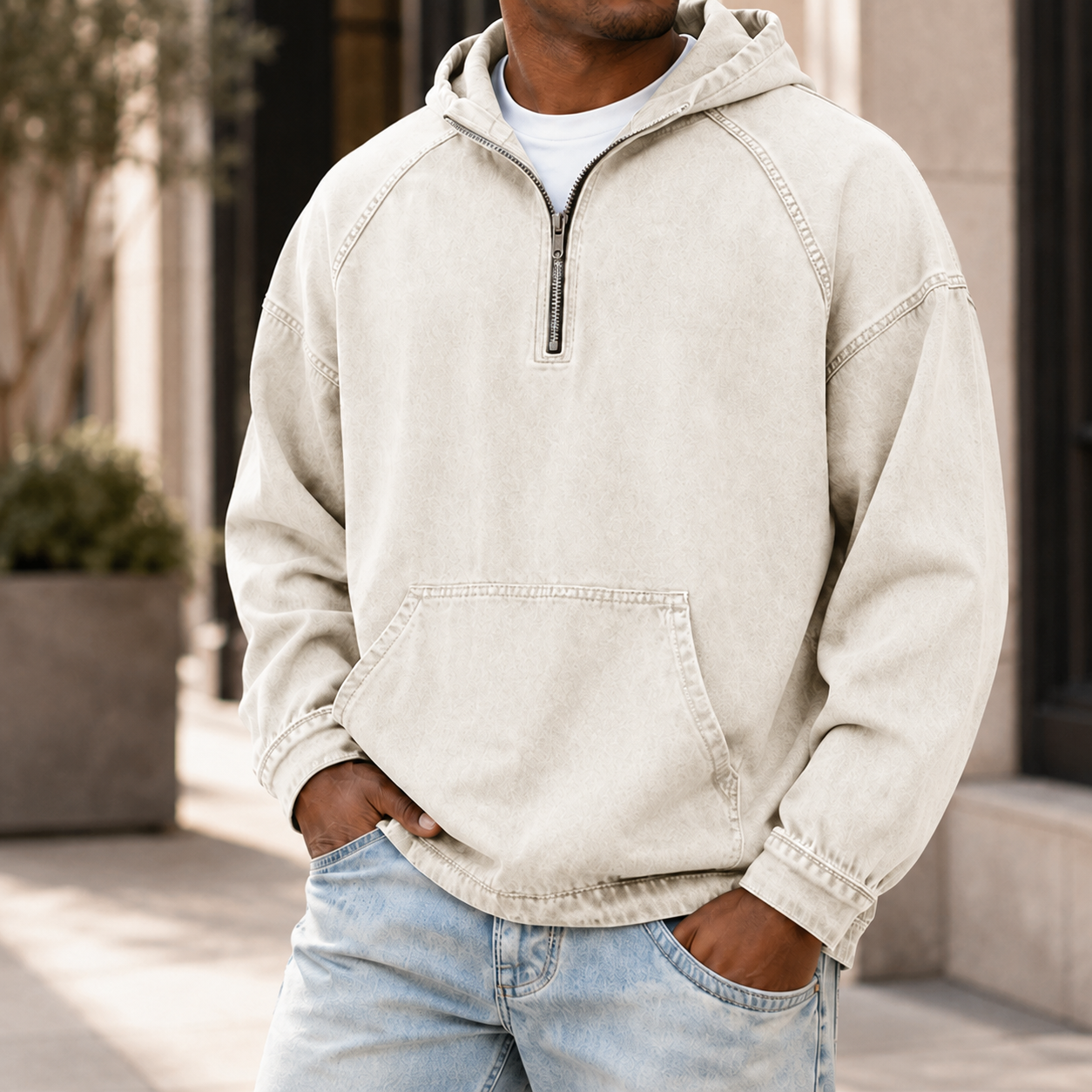 Mivanity Men's Vintage Washed Quarter Zip Hoodie  Casual Pullover Sweatshirt