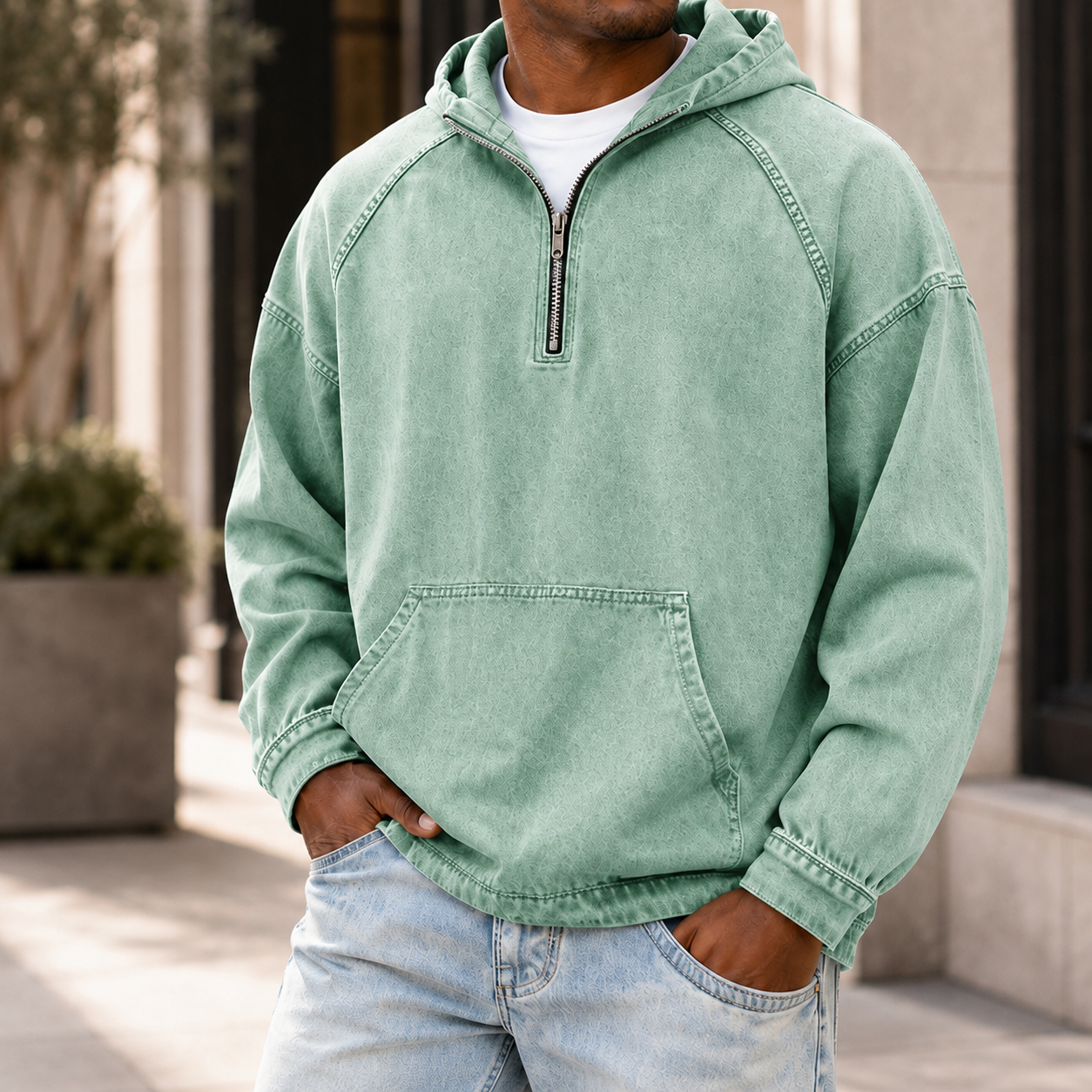 Mivanity Men's Vintage Washed Quarter Zip Hoodie  Casual Pullover Sweatshirt