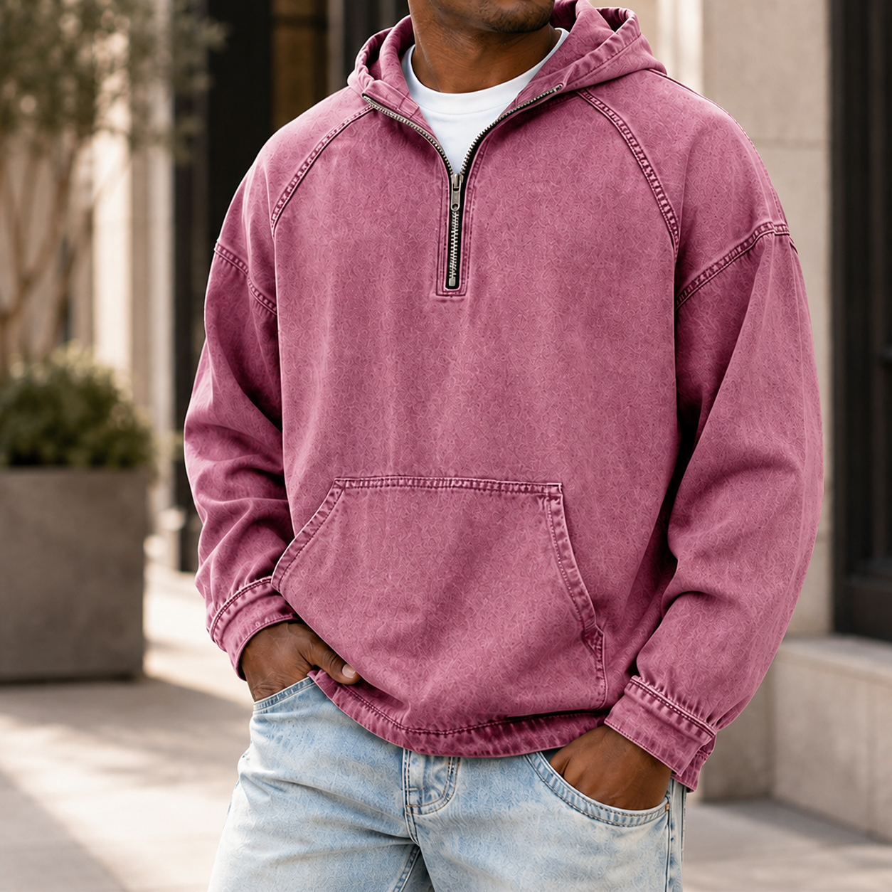 Mivanity Men's Vintage Washed Quarter Zip Hoodie  Casual Pullover Sweatshirt