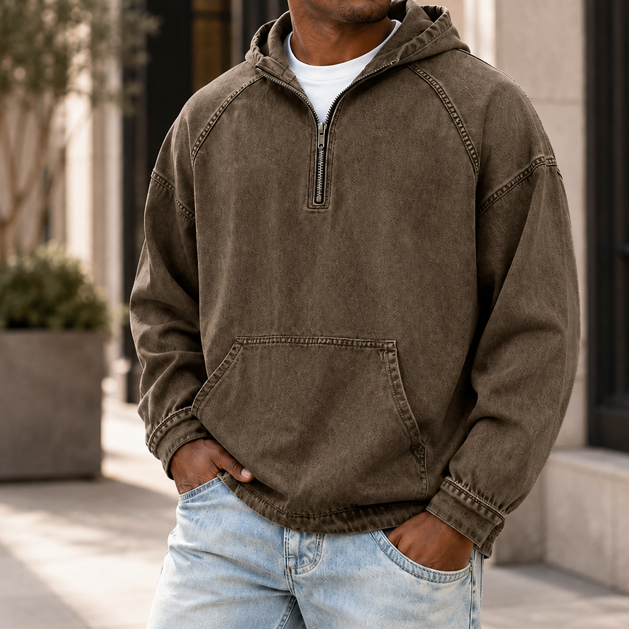 Mivanity Men's Vintage Washed Quarter Zip Hoodie  Casual Pullover Sweatshirt