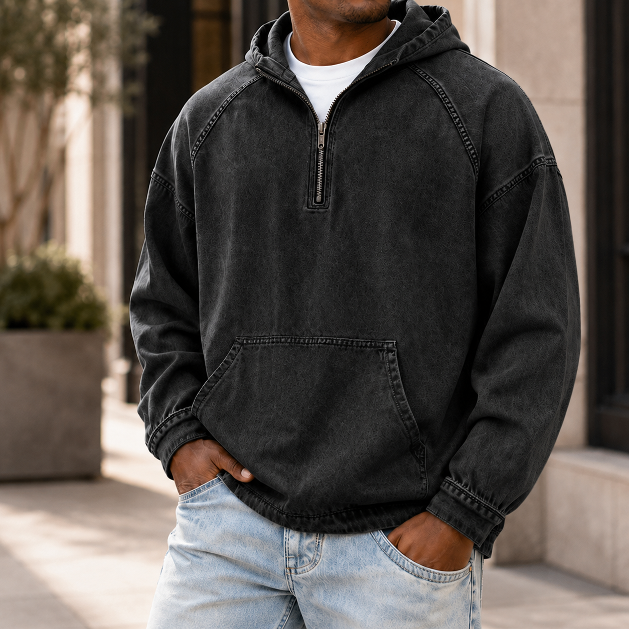 Mivanity Men's Vintage Washed Quarter Zip Hoodie  Casual Pullover Sweatshirt