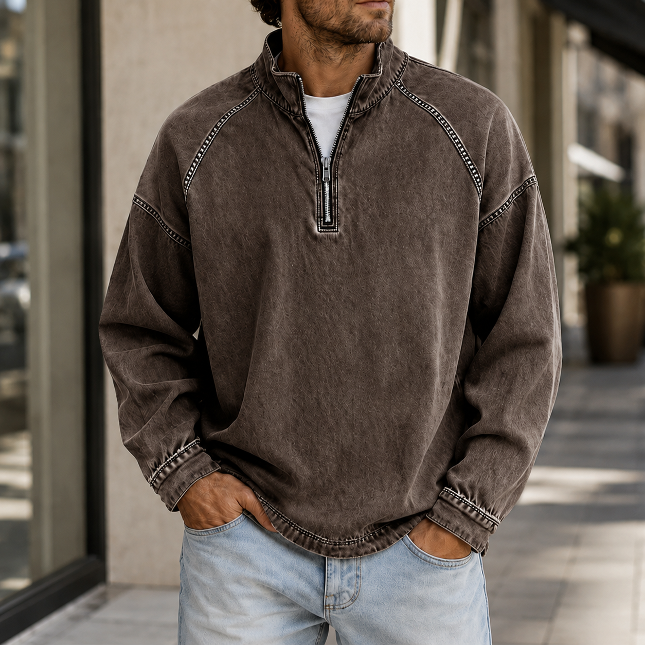 Mivanity Men's Vintage Washed Quarter Zip Pullover Casual Stand Collar Sweatshirt