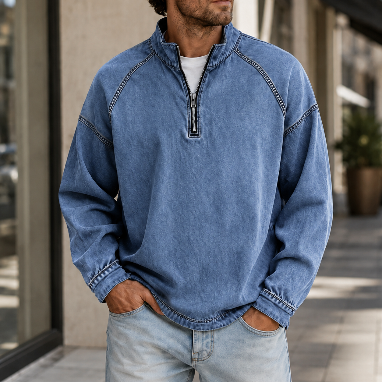Mivanity Men's Vintage Washed Quarter Zip Pullover Casual Stand Collar Sweatshirt