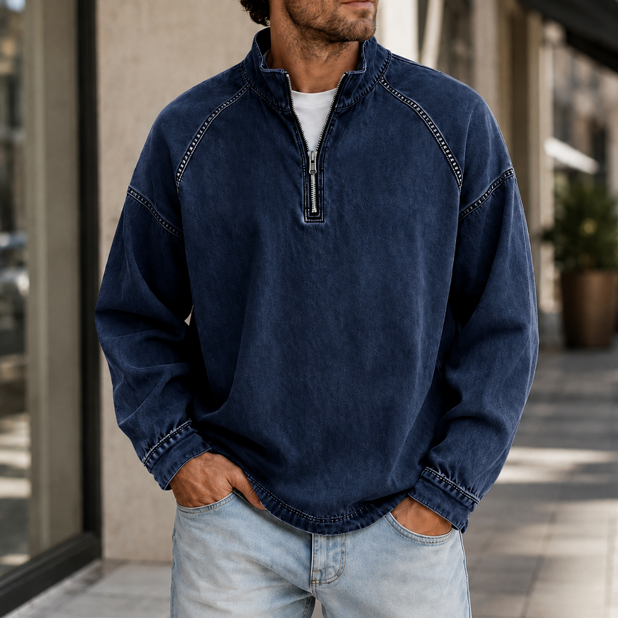 Mivanity Men's Vintage Washed Quarter Zip Pullover Casual Stand Collar Sweatshirt