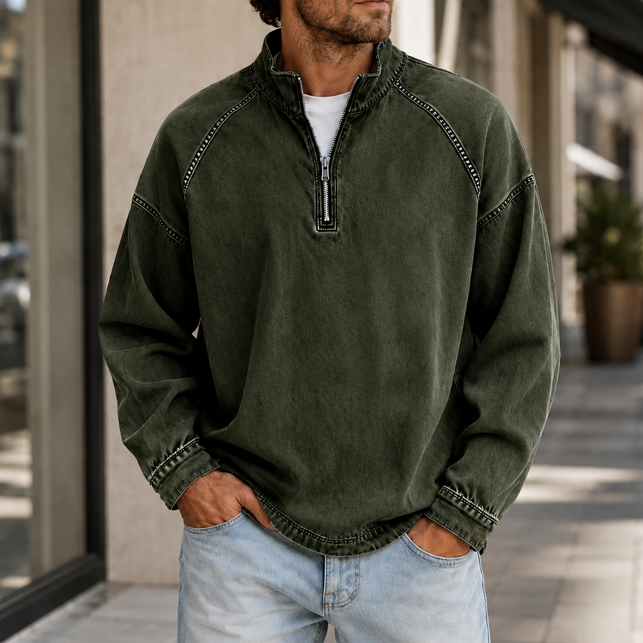 Mivanity Men's Vintage Washed Quarter Zip Pullover Casual Stand Collar Sweatshirt