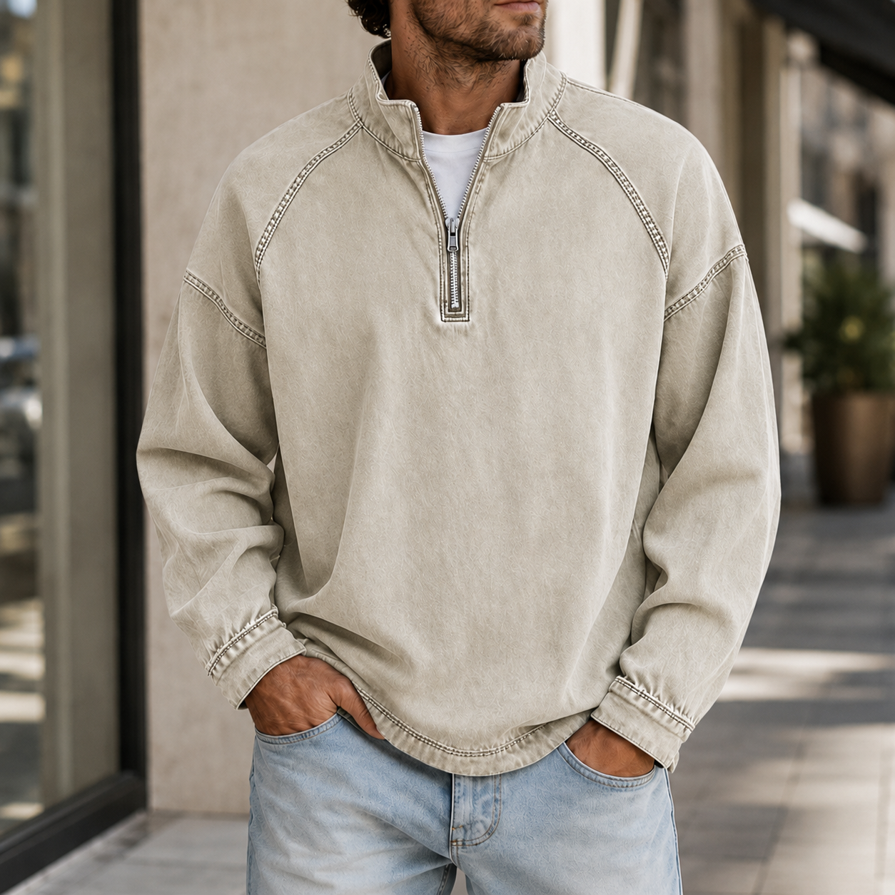 Mivanity Men's Vintage Washed Quarter Zip Pullover Casual Stand Collar Sweatshirt