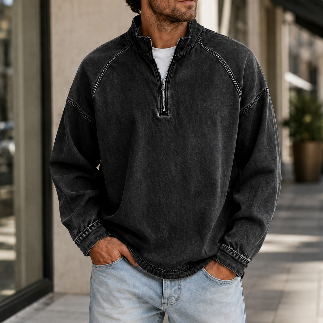 Mivanity Men's Vintage Washed Quarter Zip Pullover Casual Stand Collar Sweatshirt