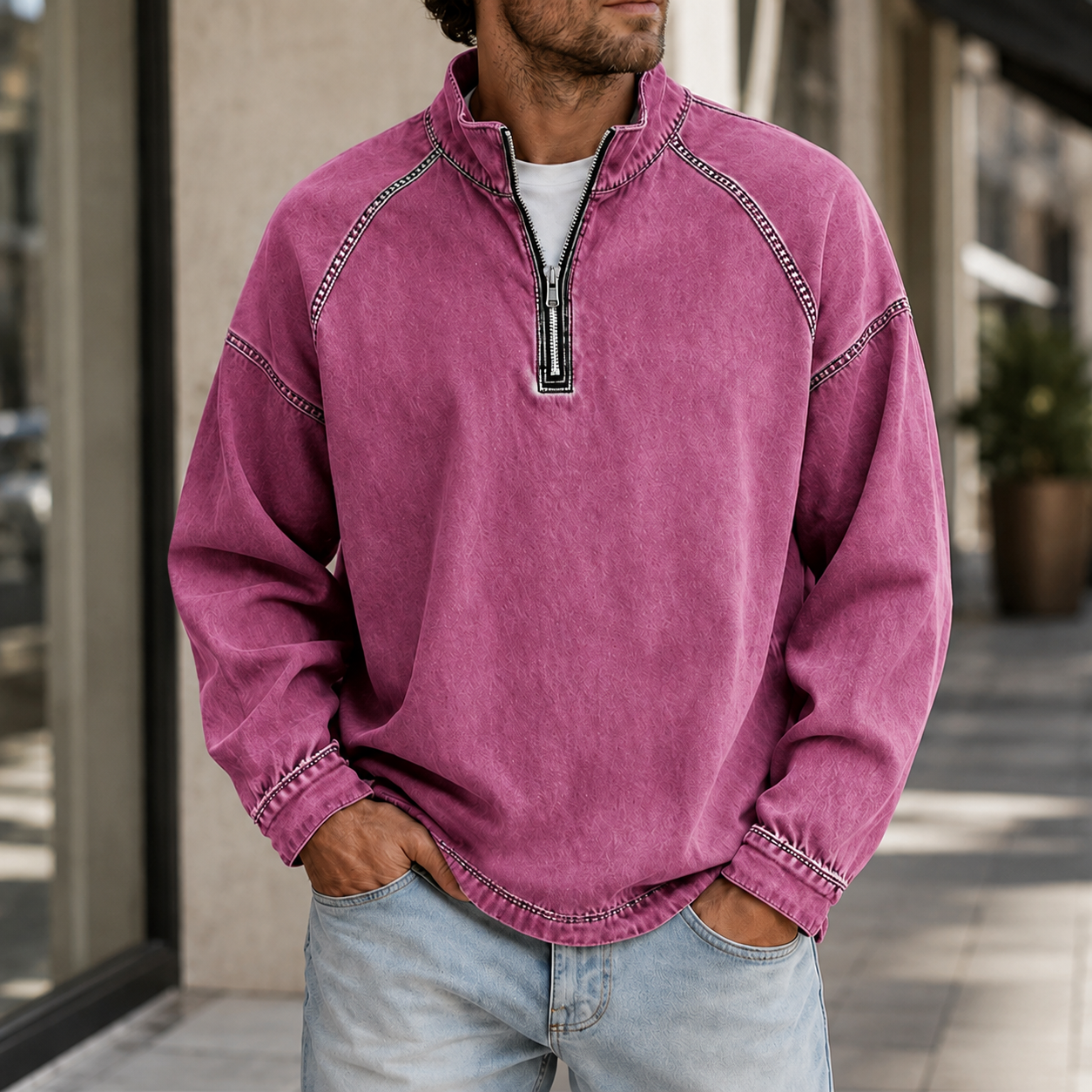 Mivanity Men's Vintage Washed Quarter Zip Pullover Casual Stand Collar Sweatshirt