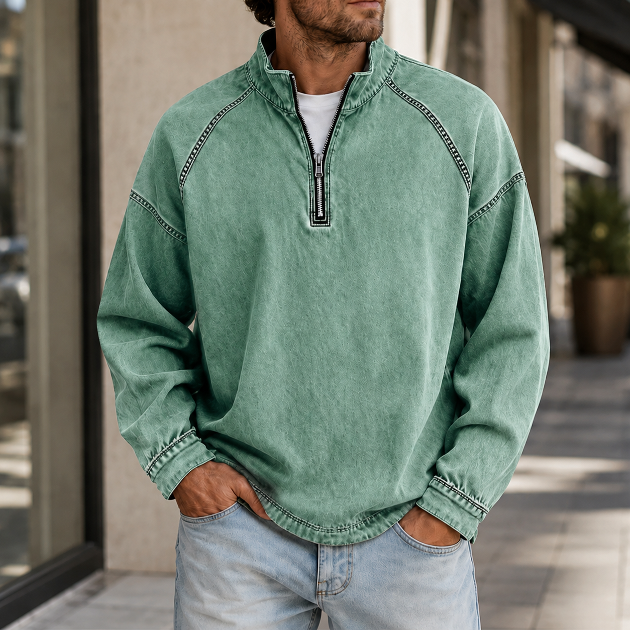 Mivanity Men's Vintage Washed Quarter Zip Pullover Casual Stand Collar Sweatshirt