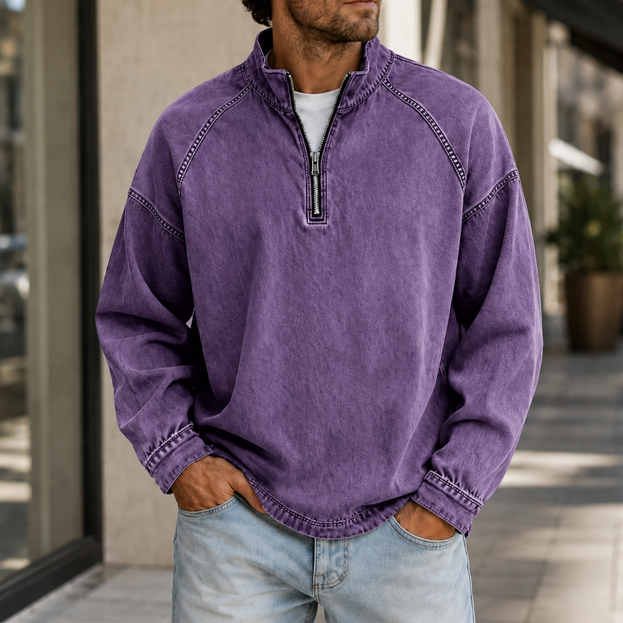 Mivanity Men's Vintage Washed Quarter Zip Pullover Casual Stand Collar Sweatshirt